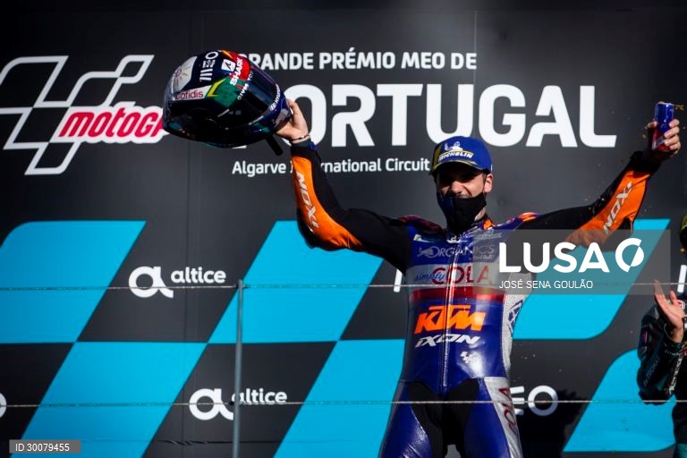 Portuguese rider Miguel Oliveira of KTM Tech 3 Team celebrates on the podium after winning the Motorcycling Grand Prix of Portugal at Algarve International race track, south of Portugal, 22 November 2020.JOSE SENA GOULAO/LUSA