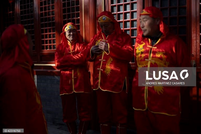 Artistas em ação durante uma dança do dragão no Templo Dongyue em Pequim, China. As celebrações do Ano Novo Lunar do Dragão estão a decorrer em toda a China durante a semana do Festival da primavera.  
