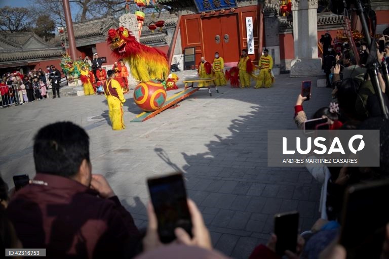 Artistas em ação durante uma dança do dragão no Templo Dongyue em Pequim, China. As celebrações do Ano Novo Lunar do Dragão estão a decorrer em toda a China durante a semana do Festival da primavera.  