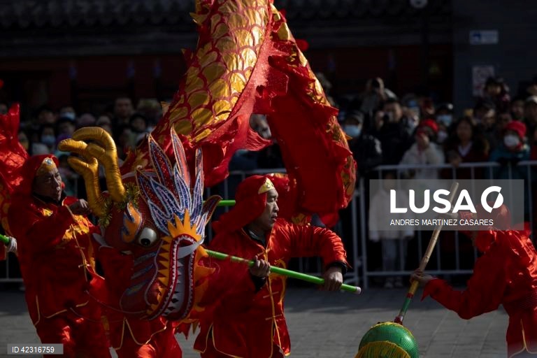 Artistas em ação durante uma dança do dragão no Templo Dongyue em Pequim, China. As celebrações do Ano Novo Lunar do Dragão estão a decorrer em toda a China durante a semana do Festival da primavera.  