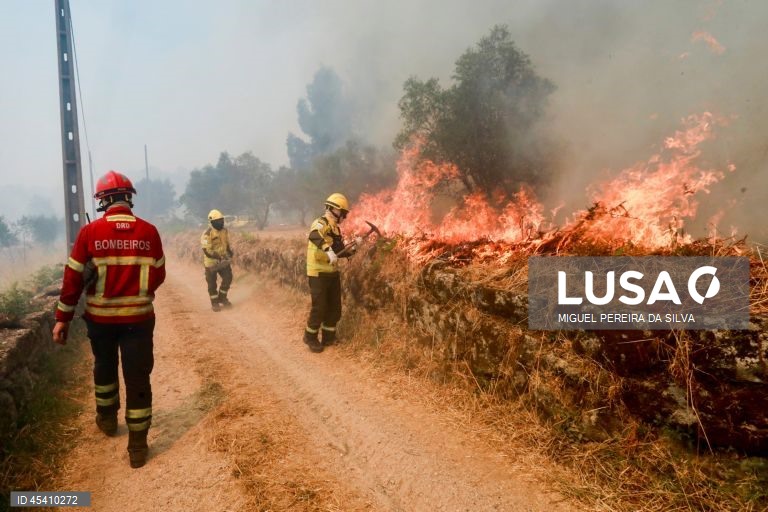 Bombeiros combatem um incêndio em Santa Comba, Seia, 30 de julho de 2025. Este incêndio que deflagrou no concelho de Seia, distrito da Guarda, está a ser combatido por 201 operacionais, 61 viaturas e dois meios aéreos. MIGUEL PEREIRA DA SILVA/LUSA