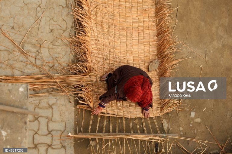 Índia: Tecelagem de esteiras tradicionais de palha em Srinagar, Caxemira