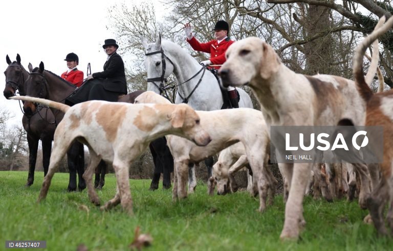 Cavaleiros participam no encontro Old Surrey Burstow e West Kent Boxing Day em Chiddingstone, Grã-Bretanha. A caça com trilhas está prestes a ser proibida na Inglaterra e no País de Gales como parte de uma nova estratégia de bem-estar animal a ser publicada pelo governo do Reino Unido. Desde a proibição da caça à raposa em 2004, caçadas modificadas têm ocorrido usando trilhas perfumadas para os animais seguirem. A caça com cavalos e cães é uma tradição do Boxing Day nas áreas rurais.