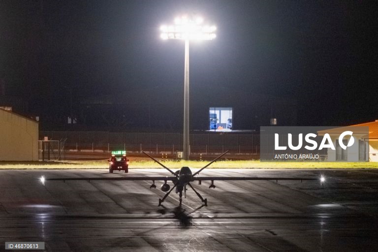 Drone norte-americano MQ-9 Reaper, aeronave militar não tripulada conhecida como "drone assassino" na Base Aérea das Lajes, Praia da Vitória, Terceira, Açores, Portugal. 3 de abril de 2026, ANTÓNIO ARAÚJO/ LUSA