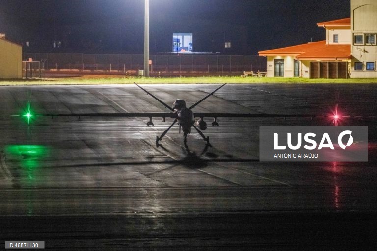 Drone norte-americano MQ-9 Reaper, aeronave militar não tripulada conhecida como "drone assassino" na Base Aérea das Lajes, Praia da Vitória, Terceira, Açores, Portugal. 3 de abril de 2026, ANTÓNIO ARAÚJO/ LUSA