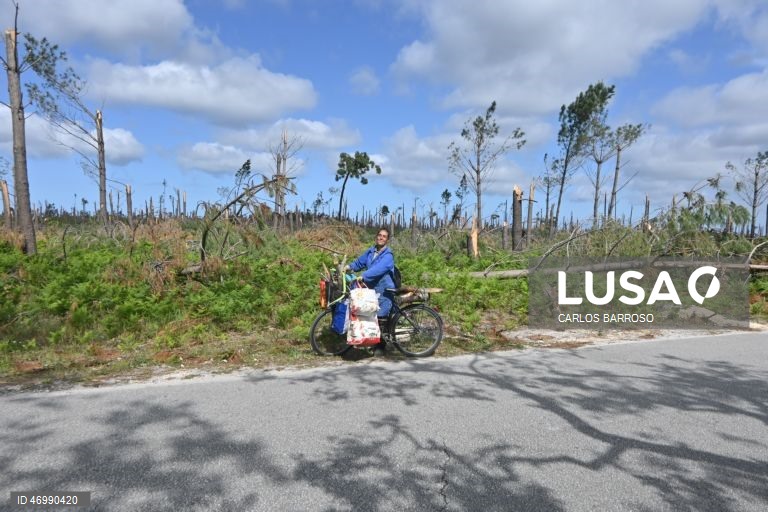 Carla Marrazes, residente na Marinha Grande diz que lhe custa levantar a cabeça quando percorre o pinhal, um sitio onde já está a apanhar lenha para o seu aquecimento no inverno, em Marinha Grande, 24 de abril de 2026. As pessoas ainda aguardam que a vida volte ao normal na zona do Pinhal de Leiria, depois da passagem da tempestade Kristin a 28 de fevereiro. (ACOMPANHA TEXTO DE 27 DE ABRIL DE 2026). CARLOS BARROSO/LUSA
