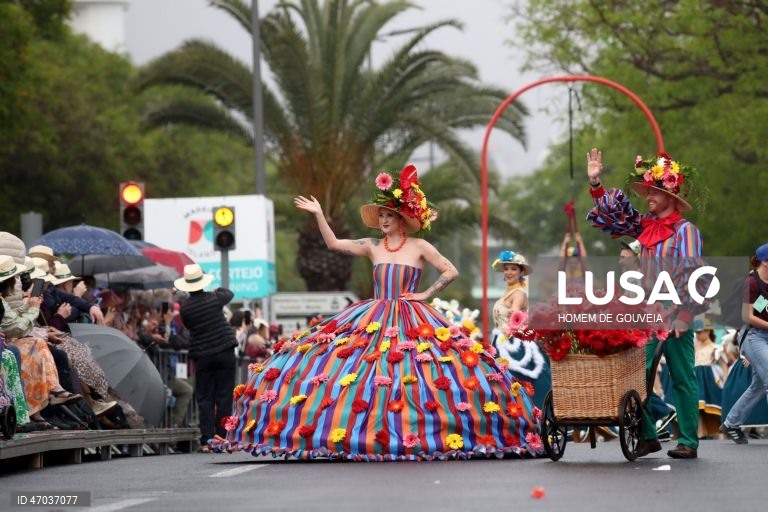 Cortejo alegórico da Festa da Flor, este ano decorrendo sob o tema "50 anos de Autonomia da região Autónoma da Madeira" esta tarde onde 7 grupos desfilaram na baixa funchalense, no Funchal, 3 de maio de 2026. HOMEM DE GOUVEIA/LUSA