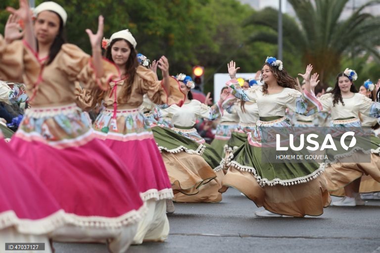 Cortejo alegórico da Festa da Flor, este ano decorrendo sob o tema "50 anos de Autonomia da região Autónoma da Madeira" esta tarde onde 7 grupos desfilaram na baixa funchalense, no Funchal, 3 de maio de 2026. HOMEM DE GOUVEIA/LUSA