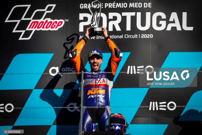Portuguese rider Miguel Oliveira of KTM Tech 3 Team celebrates on the podium after winning the Motorcycling Grand Prix of Portugal at Algarve International race track, south of Portugal, 22 November 2020.JOSE SENA GOULAO/LUSA