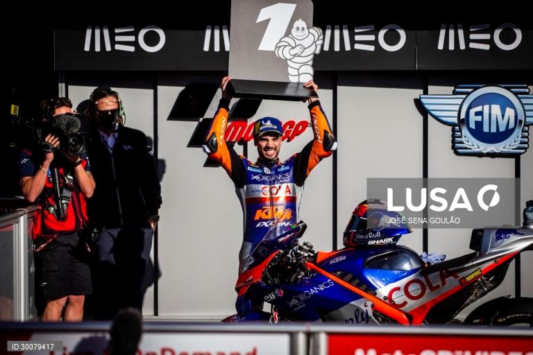Portuguese rider Miguel Oliveira of KTM Tech 3 Team celebrates after winning the Motorcycling Grand Prix of Portugal at Algarve International race track, south of Portugal, 22 November 2020.JOSE SENA GOULAO/LUSA