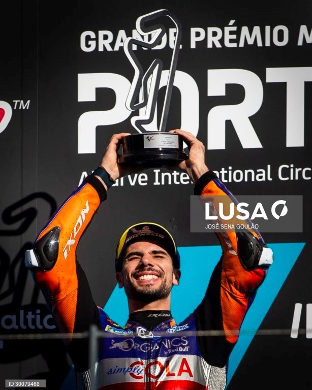 Portuguese rider Miguel Oliveira of KTM Tech 3 Team celebrates on the podium after winning the Motorcycling Grand Prix of Portugal at Algarve International race track, south of Portugal, 22 November 2020.JOSE SENA GOULAO/LUSA