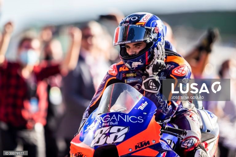 Portuguese rider Miguel Oliveira of KTM Tech 3 Team celebrates after winning the Motorcycling Grand Prix of Portugal at Algarve International race track, south of Portugal, 22 November 2020.JOSE SENA GOULAO/LUSA