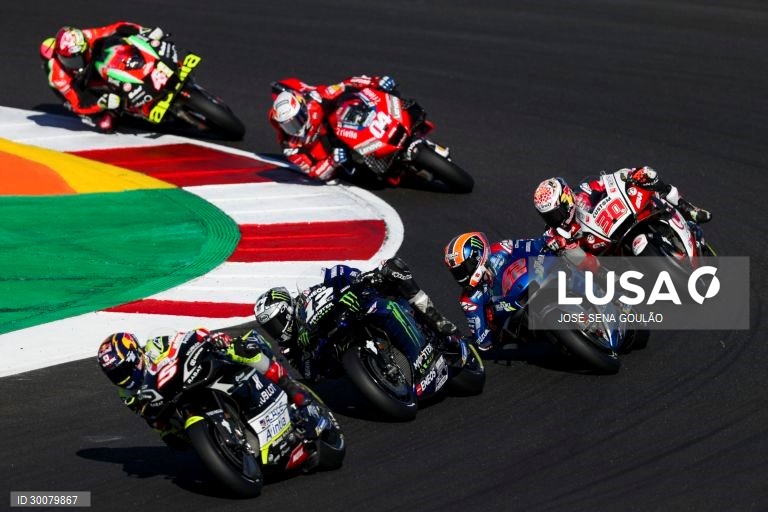 French rider Johann Zarco of Esponsorama Racing Team, Spanish rider Maverick Vinales of Monster Energy Yamaha Team, Spanish rider Alex Rins of Suzuki Ecstar Team, Japanese rider Takaaki Nakagami of LCR Honda Team, Italian rider Andrea Dovidioso of Ducati Team and Spanish rider Aleix Espargaro of Aprilia Racing Team Gresini during the Motorcycling Grand Prix of Portugal at Algarve International race track, south of Portugal, 22 November 2020.JOSE SENA GOULAO/LUSA