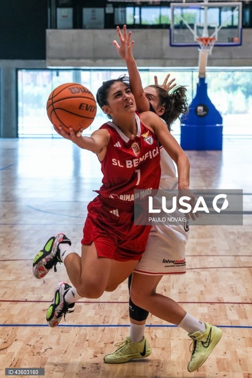 Inês Faustino do Benfica e Catarina Mateus do Imortal em ação durante o jogo da final da Taça Vítor Hugo de basquetebol feminino, disputada na Nave Polidesportiva da Universidade de Aveiro, 22 de setembro de 2024. PAULO NOVAIS/LUSA