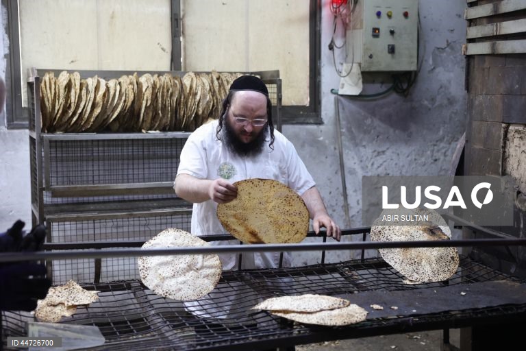 Israel: Judeus ultra-ortodoxos fazem pão achatado Matzah antes do feriado judaico da Páscoa