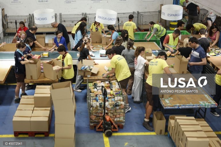 Voluntários separam os bens alimentares durante o início da campanha do Banco Alimentar Contra a Fome, em Lisboa, 31 de maio de 2025. Com o mote “A sua ajuda tem um nome: o nome de quem a vai receber”, a campanha apela ao contributo de todos os portugueses, que vão poder doar alimentos em mais de 2.000 superfícies comerciais espalhadas por todo o país. ANTÓNIO PEDRO SANTOS/LUSA
