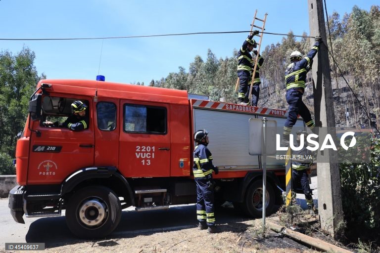 Bombeiros da corporação dos Sapadores do Porto removem cabos de comunicações que estavam a impedir a passagem de carros próximo do lugar de Ribeiro Grande, devido ao incêndio que lavra em Arouca desde segunda-feira, Arouca, 30 de Julho de 2025. ESTELA SILVA/LUSA