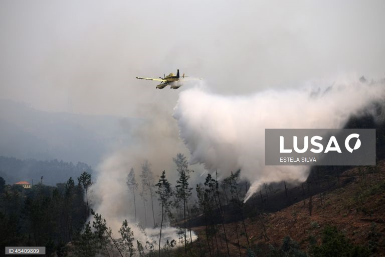 Um avião de combate um incêndio no lugar de Real, em Castelo de Paiva, 30 de Julho de 2025. ESTELA SILVA/LUSA