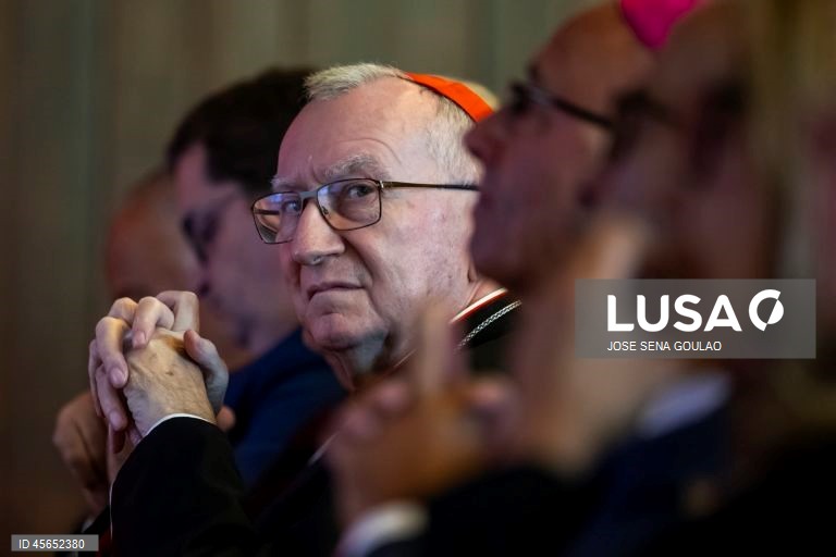 Secretário de Estado do Vaticano, Cardeal Pietro Parolin, durante a cerimónia de encerramento do compromisso do Jubileu com a cidade, na Fundação Calouste Gulbenkian, em Lisboa.