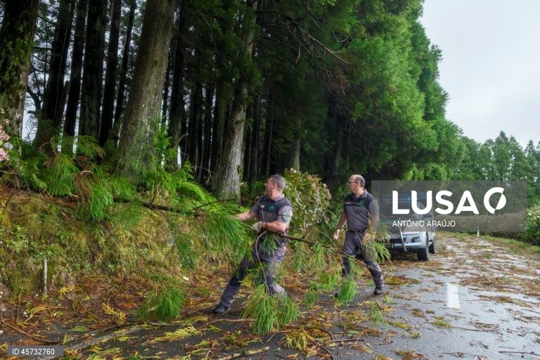 Elementos da GNR retiram árvores caídas na sequência da passagem da depressão pós-tropical Gabrielle, nos Altares, Angra do Heroísmo, ilha Terceira, Açores, 26 de setembro de 2025. O ciclone tropical Gabrielle que atinge os Açores deixou de ser um furacão de categoria 1 e passou a ser uma depressão pós-tropical, mas as preocupações mantêm-se, segundo o Instituto Português do Mar e da Atmosfera (IPMA). ANTÓNIO ARAÚJO/LUSA