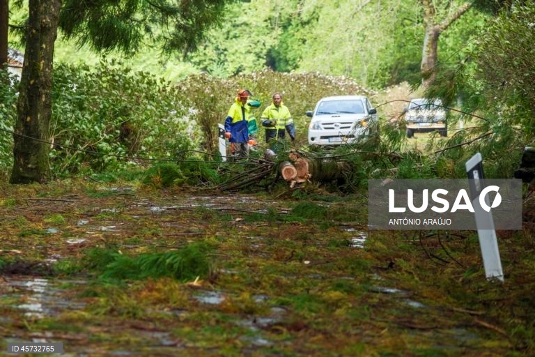 Funcionários municipais procedem à limpeza de uma estrada na sequência da passagem da depressão pós-tropical Gabrielle, nos Altares, Angra do Heroísmo, ilha Terceira, Açores, 26 de setembro de 2025. O ciclone tropical Gabrielle que atinge os Açores deixou de ser um furacão de categoria 1 e passou a ser uma depressão pós-tropical, mas as preocupações mantêm-se, segundo o Instituto Português do Mar e da Atmosfera (IPMA). ANTÓNIO ARAÚJO/LUSA