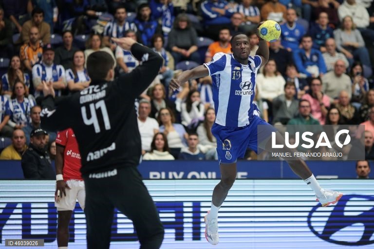O jogador do FC Porto, Mamadou Diocou (D), disputa a bola com o jogador do Benfica, Gustavo Capdeville (E), durante o jogo da 11ª jornada da I Liga de Andebol, realizado no Pavilhão Dragão Caixa, no Porto, 15 de novembro de 2025. MANUEL FERNANDO ARAÚJO/LUSA