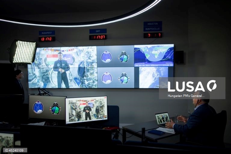 Viktor Orban talks to ISS crew member in Huniverzum visitor center in Budapest