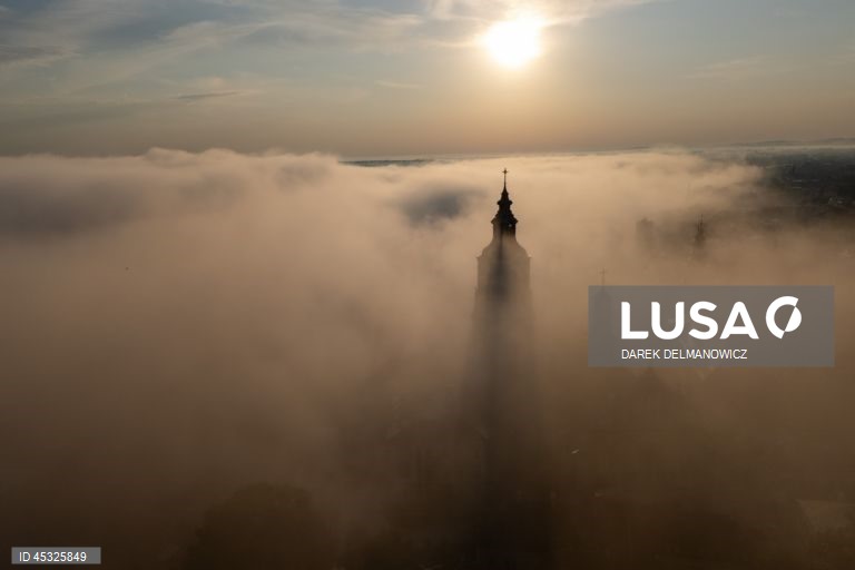 Morning fog blankets Przemysl in southeastern Poland