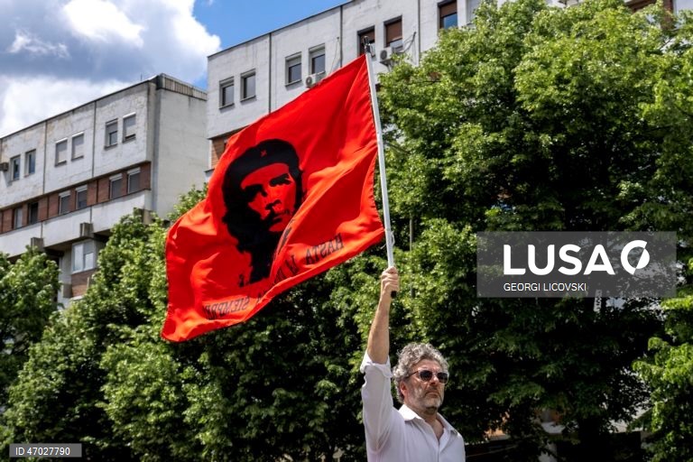 Members of trade unions protest for workers rights on Labour Day in Skopje